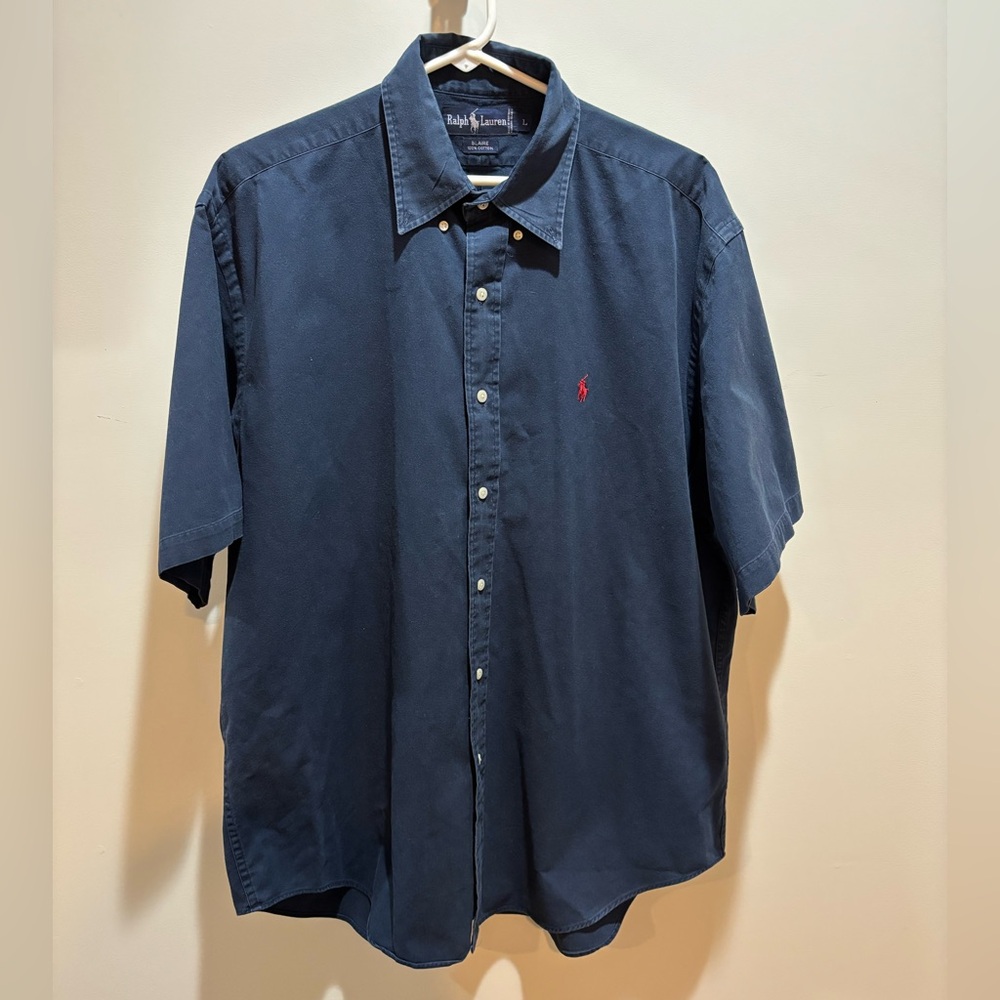 Ralph Lauren Navy Short-Sleeve Button-Down Shirt with Red Polo Logo